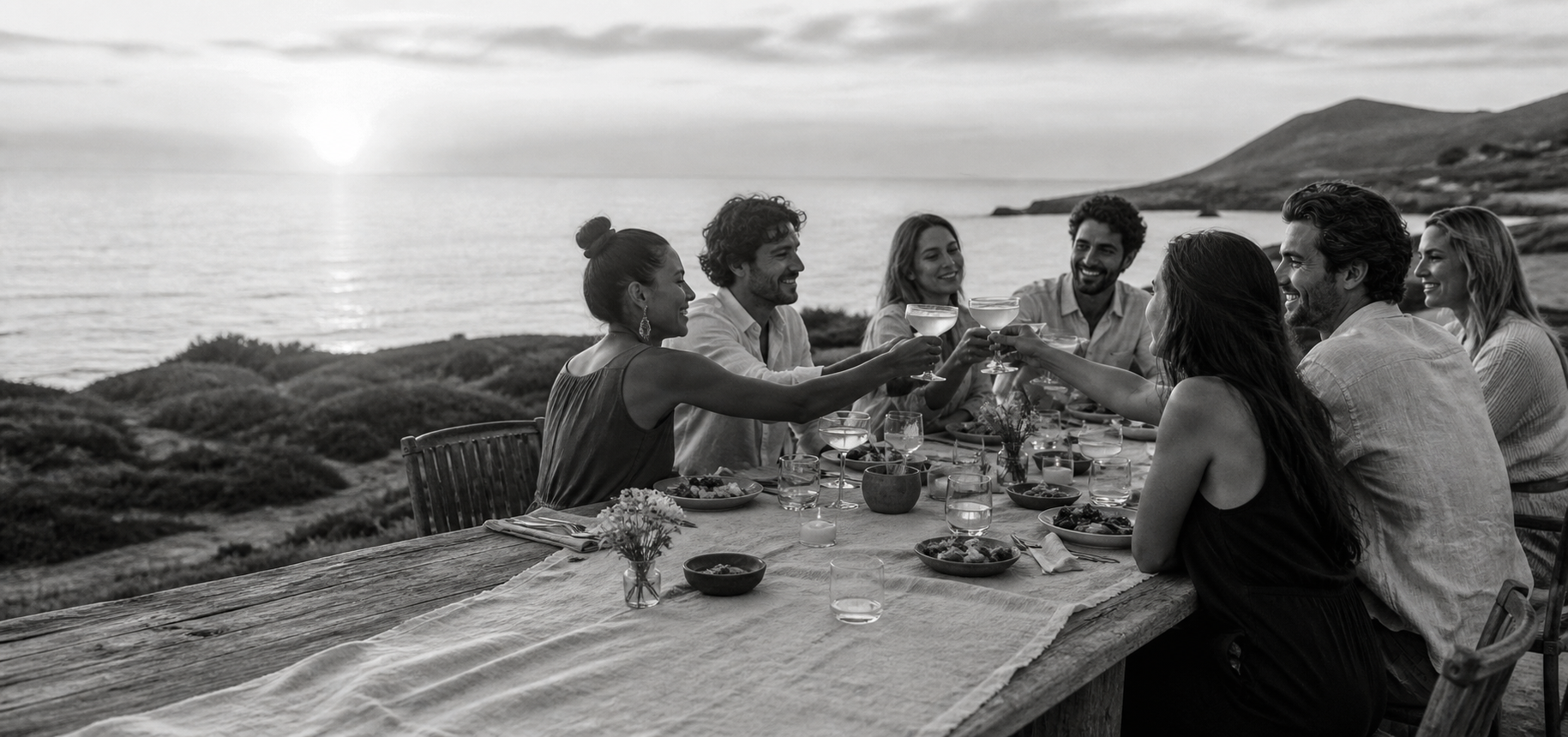 Adult friends sharing a sunset meal and a pisco toast on the Pacific coast